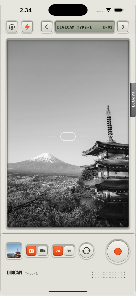 Digicam Type-1 on iPhone, with a viewfinder, film selector, capture modes, and orange shutter button