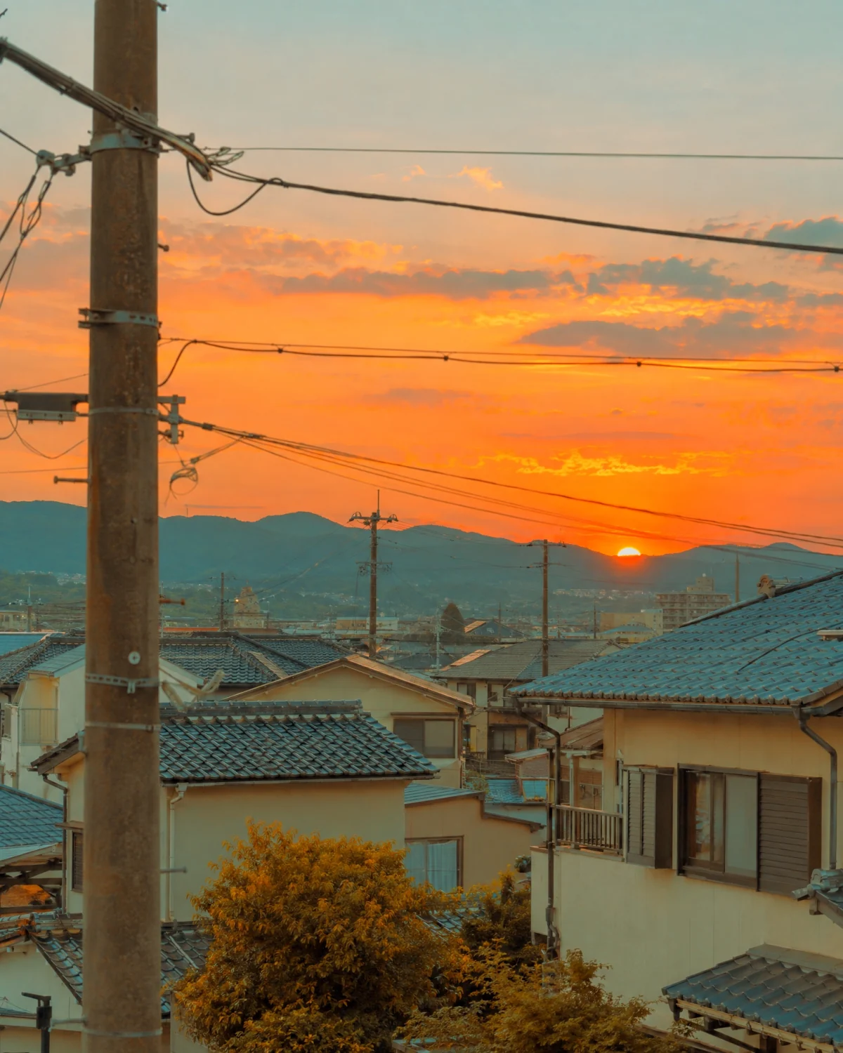 An amber sunset over quiet Japanese rooftops and overhead wires, rendered with Digicam Solace